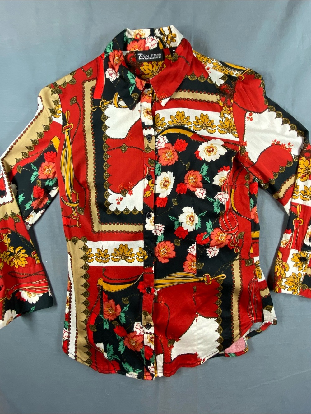 7th Avenue Design Company Red Floral Patchwork Button-Up blouse size XS